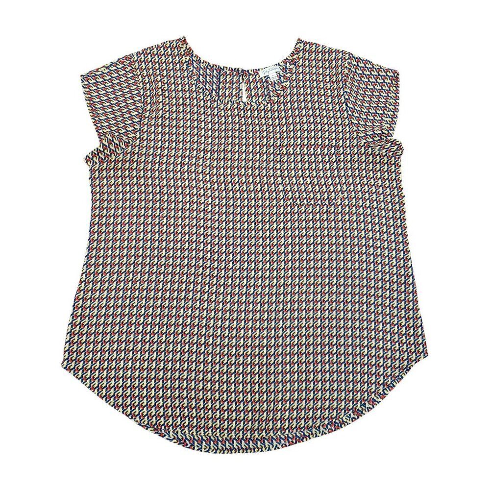 Lily White Womens Multicolor Geometric Print Short Sleeve Blouse Women’s Large